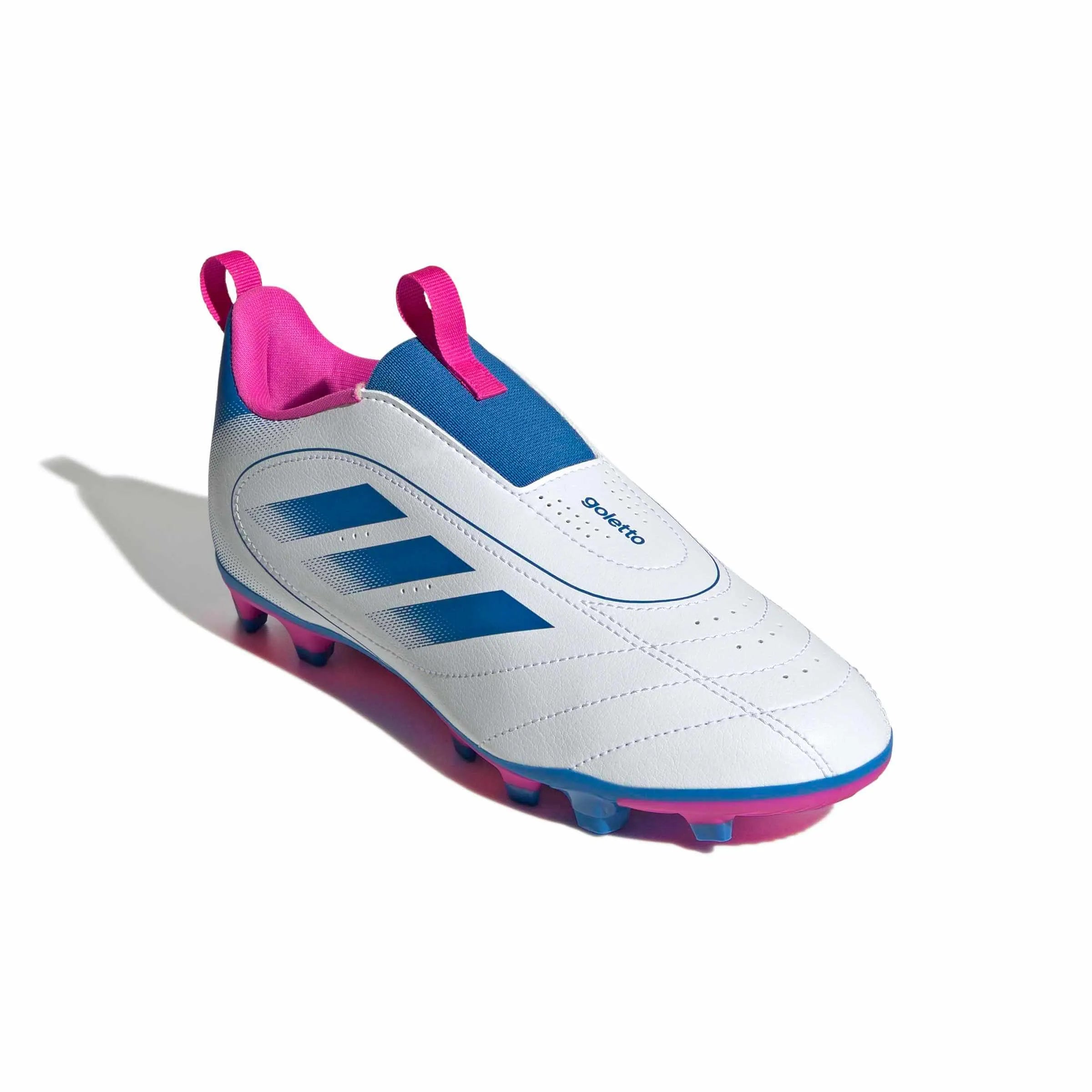adidas Kid's Goletto IX Laceless Firm-Multi Ground Soccer Cleats Cloud White / Bright Royal / Team Shock Pink 2 (Lateral - Front)