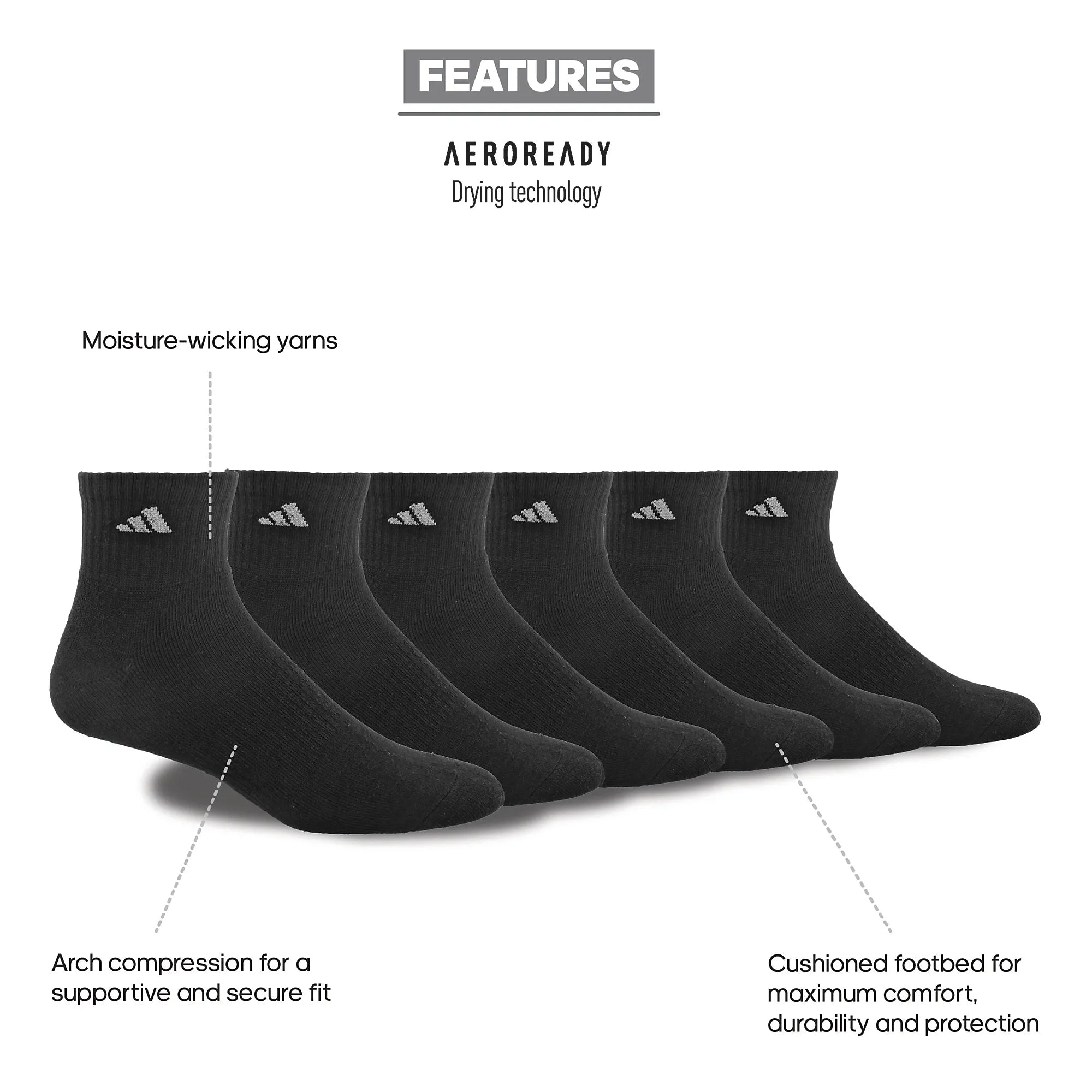 adidas Men's Athletic Cushioned 6-Pack Quarter Socks Black (Features)
