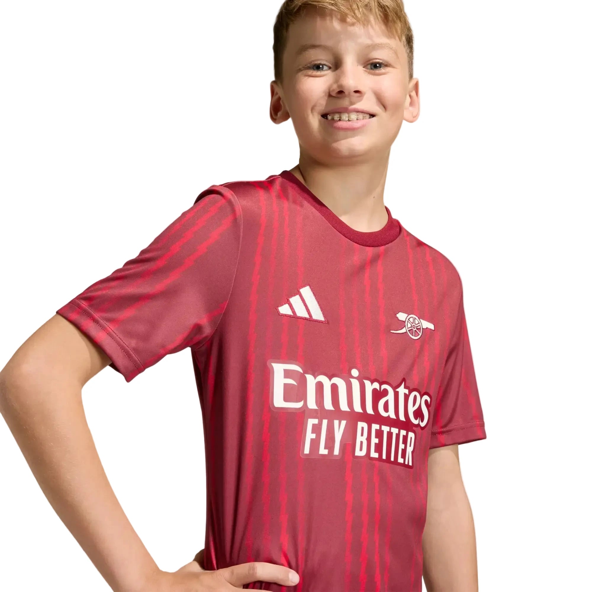 adidas 2025-26 Arsenal Youth Pre-Match Soccer Jersey Team Coll Burgundy 2 / Pure Ruby (Detail 1)
