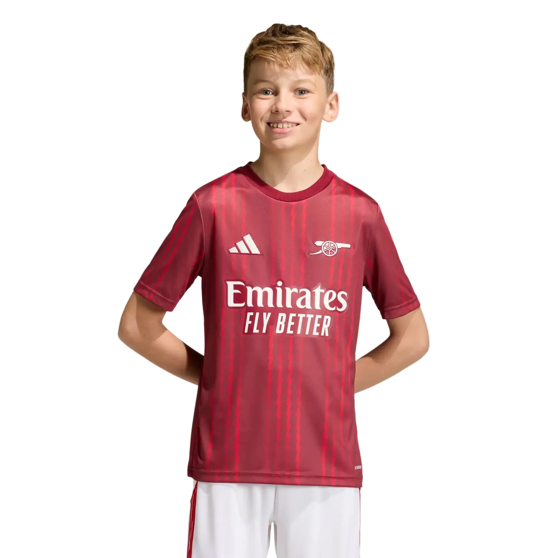 adidas 2025-26 Arsenal Youth Pre-Match Soccer Jersey Team Coll Burgundy 2 / Pure Ruby (Model - Front)
