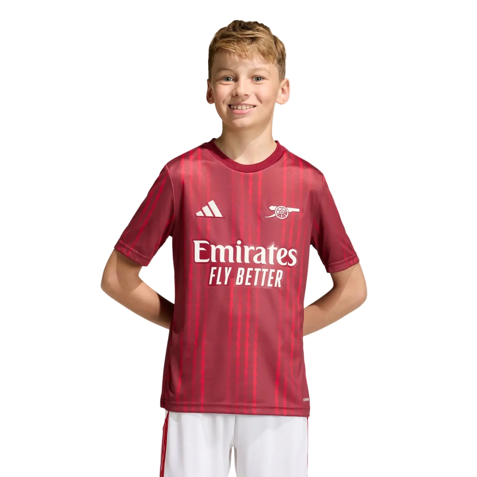 adidas 2025-26 Arsenal Youth Pre-Match Soccer Jersey Team Coll Burgundy 2 / Pure Ruby (Model - Front)