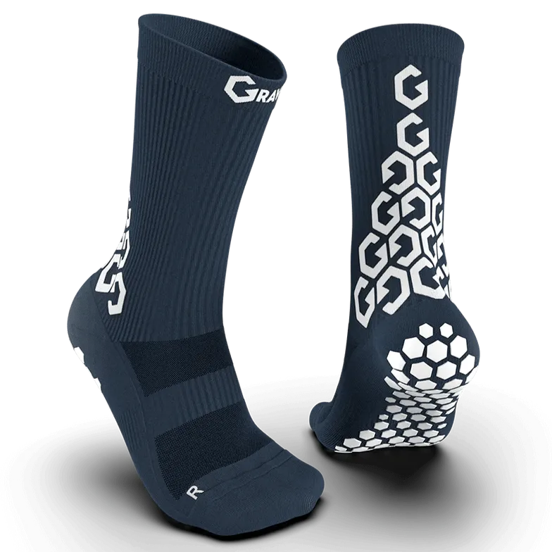 Gravity Pro Grip Socks Crew Length Navy (Pair - Front and Back)