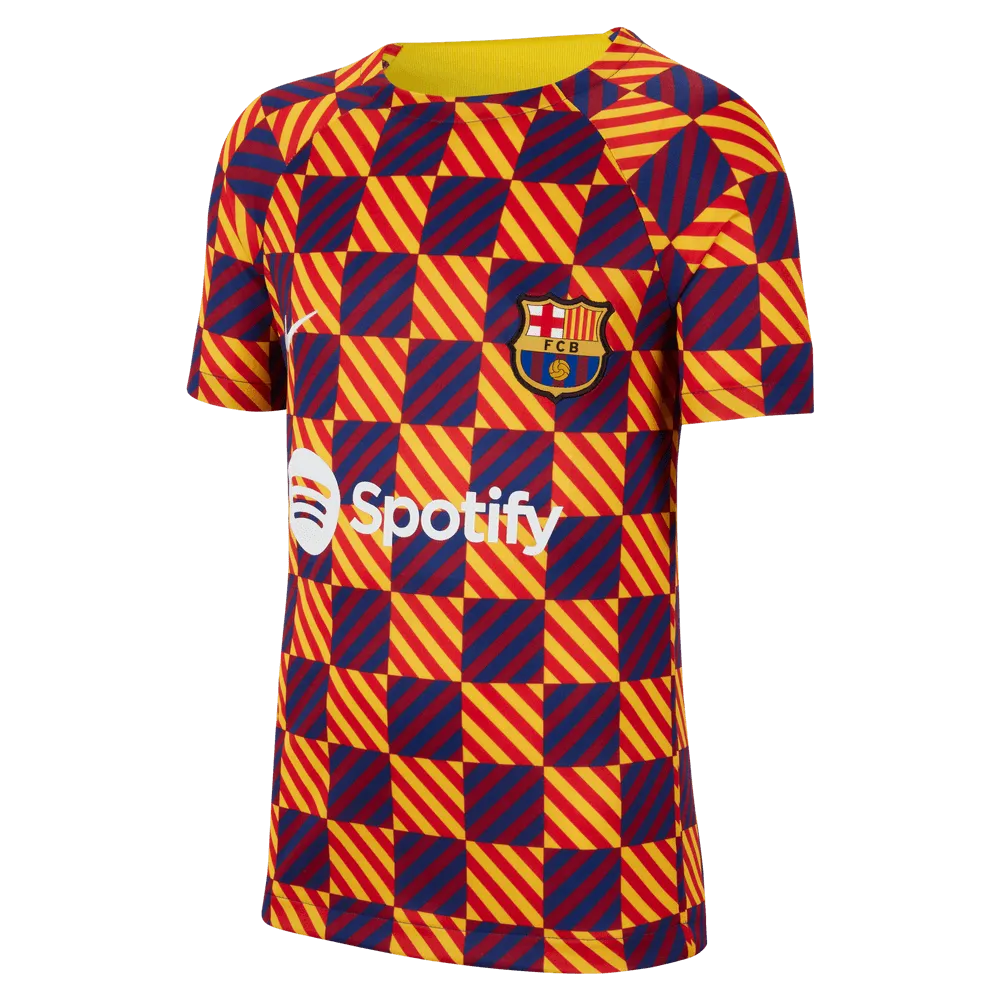 Nike 2022-23 FC Barcelona Youth Pre-Match Shirt - Yellow - Red (Front)