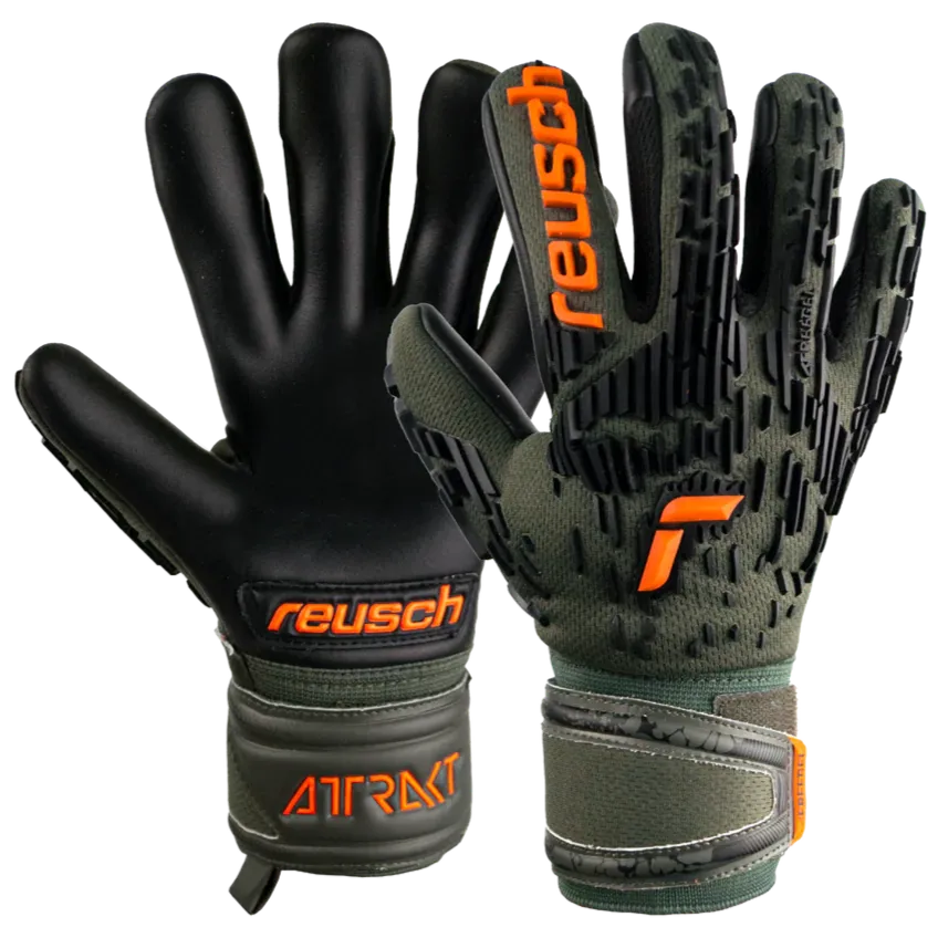 Reusch JR Attrakt Freegel Silver Finger Support Goalkeeper Gloves - Desert Green-Orange-Black (Pair)