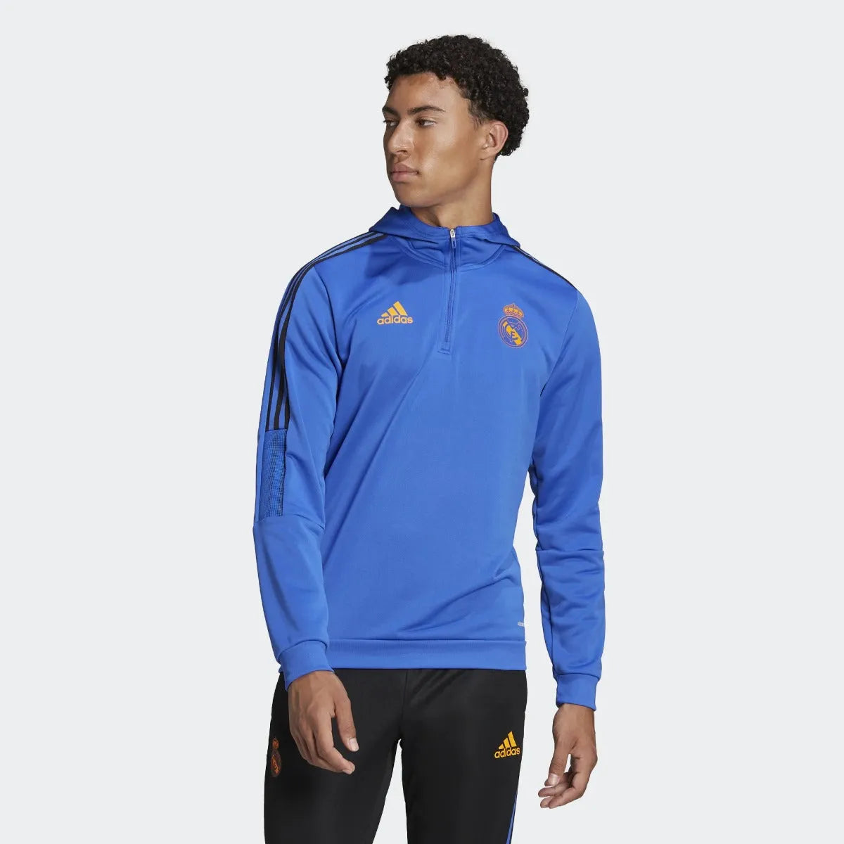 adidas 21-22 Real Madrid Track Hoodie - Hi Res Blue (Model - Front)