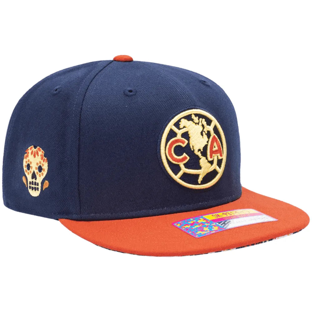 FI Collection Club America Day of the Dead Snapback Hat - Navy-Orange (Front - Lateral 2)