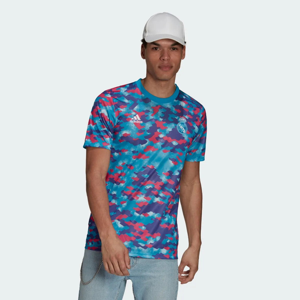 Adidas 2021-22 Real Madrid Pre-Match jersey - Cyan-Pink-Purple (Model - Front)