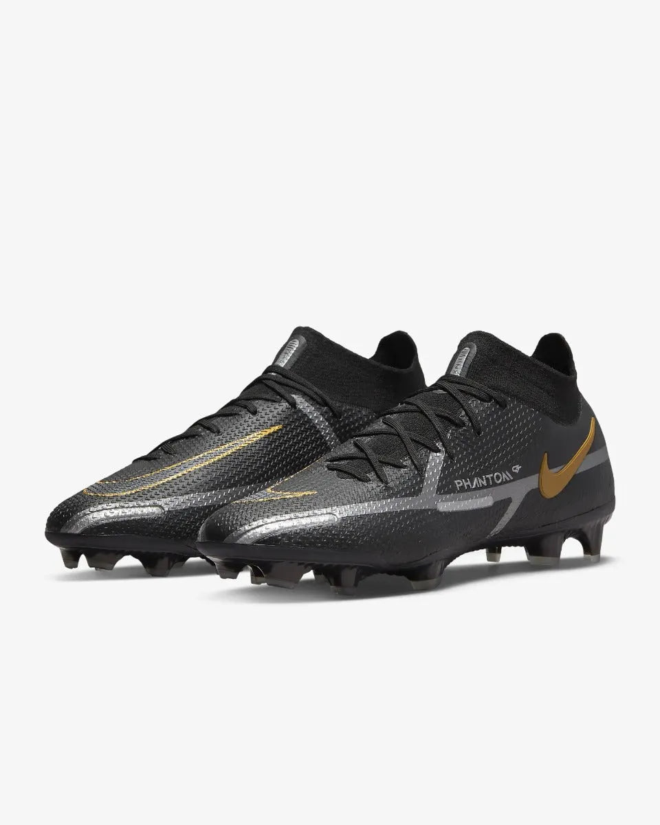 Nike Phantom GT2 Elite DF FG - Black-Dark Grey-Gold (Pair - Diagonal)