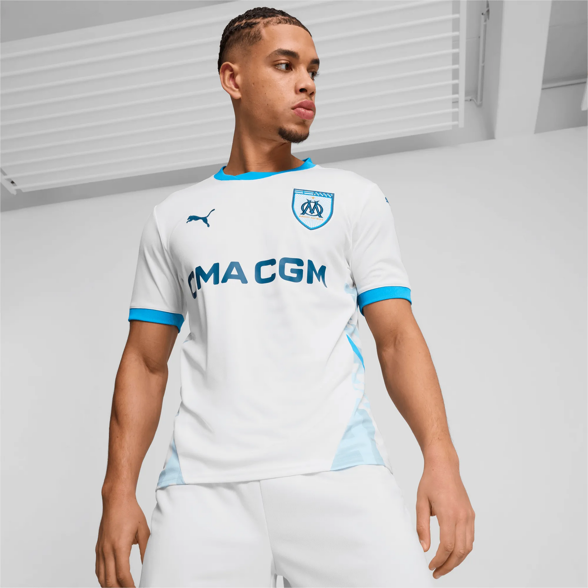Puma 2024-25 Olympique de Marseille Men's Stadium Home Jersey (Model - Front)
