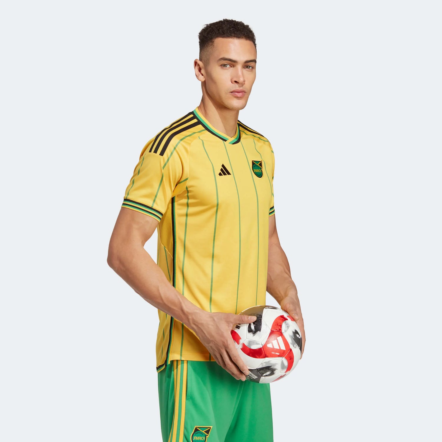 adidas 2023 Jamaica Home Jersey - Bold Gold-Vivid Green (Model - Side)