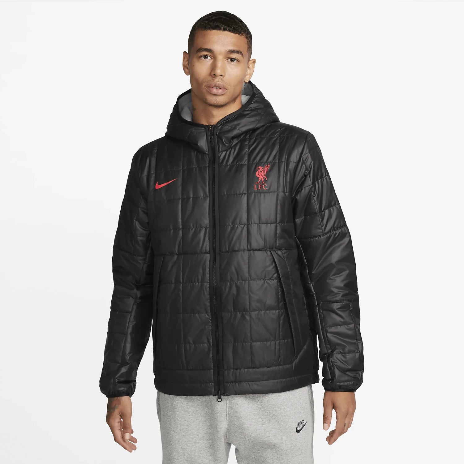 Nike 2022-23 Liverpool FC Fleece-Lined Hooded Jacket - Black-Particle Grey-Siren Red (Model - Front)