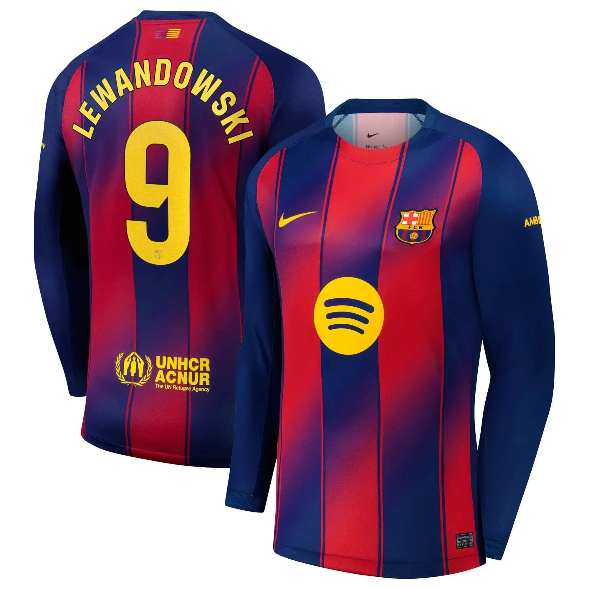 Nike 2025-26 Barcelona Men's Stadium Home Long-Sleeve Soccer Jersey (Lewandowski)