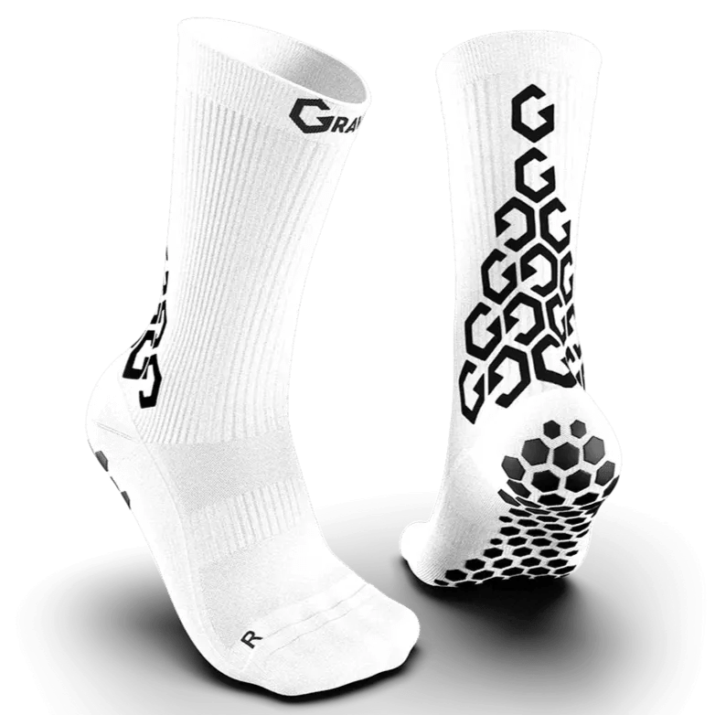 Gravity Pro Grip Socks Crew Length White (Pair - Front and Back)