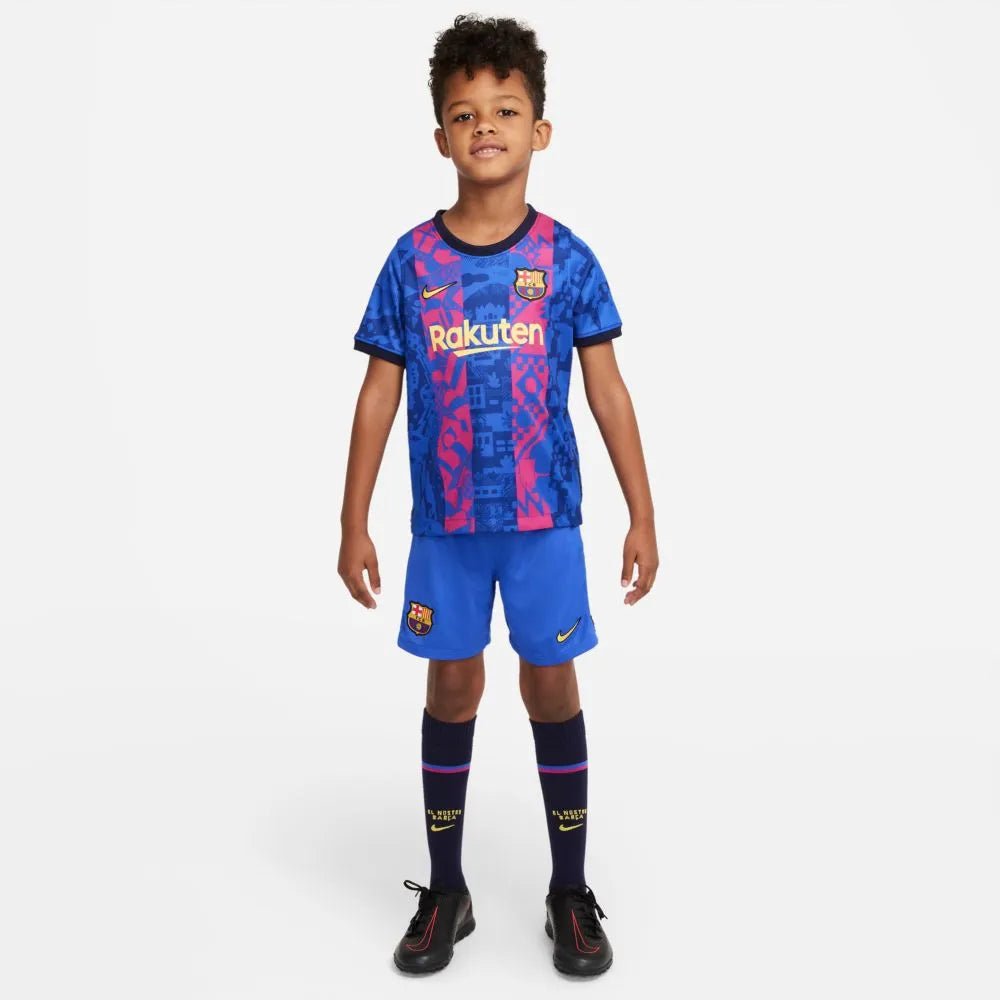 Nike 2021-22 Barcelona Little Kids Third Kit - Hyper Royal-Varsity Maize (Model - Front)