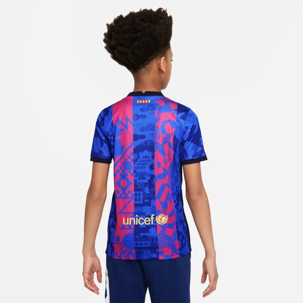 Nike 2021-22 Barcelona Youth Third Jersey - Hyper Royal-Varsity Maize (Model - Back)