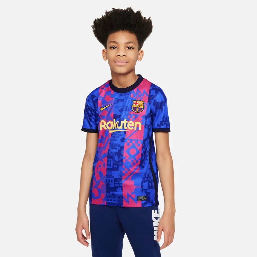 Nike 2021-22 Barcelona Youth Third Jersey - Hyper Royal-Varsity Maize (Model - Front)