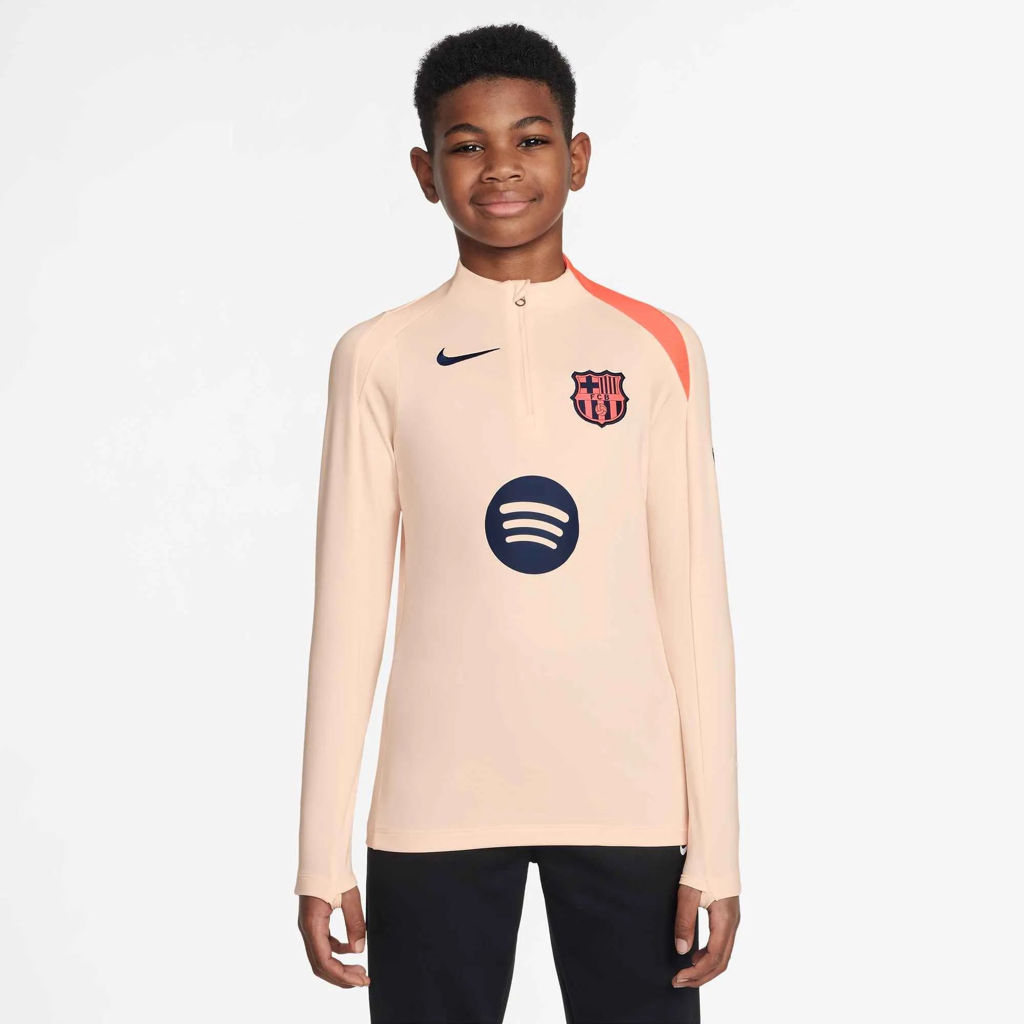 Nike 2025-26 Barcelona Youth DF Strike Drill Top Crimson Tint/Bright Mango/Midnight Navy (Model - Front)