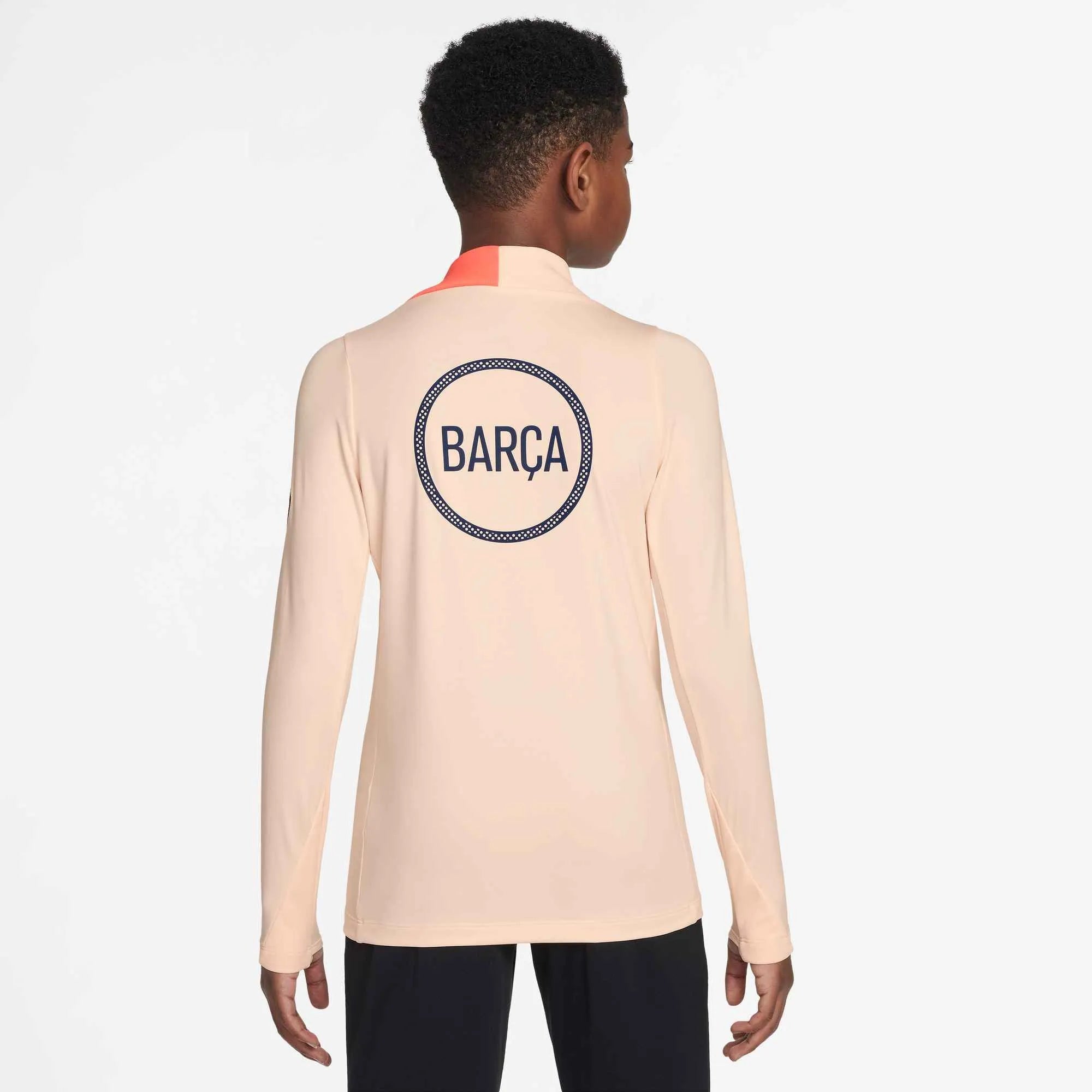 Nike 2025-26 Barcelona Youth DF Strike Drill Top Crimson Tint/Bright Mango/Midnight Navy (Model - Back)