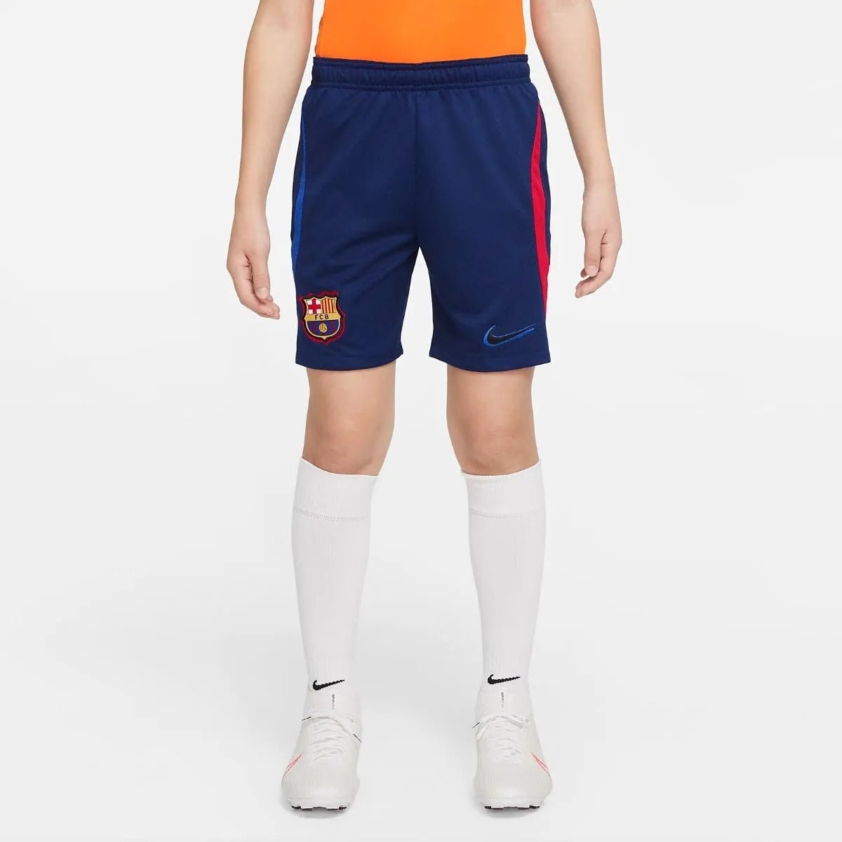 Nike 21-22 FC Barcelona Youth Strike Shorts - Blue Void-University Red (Model - Front)