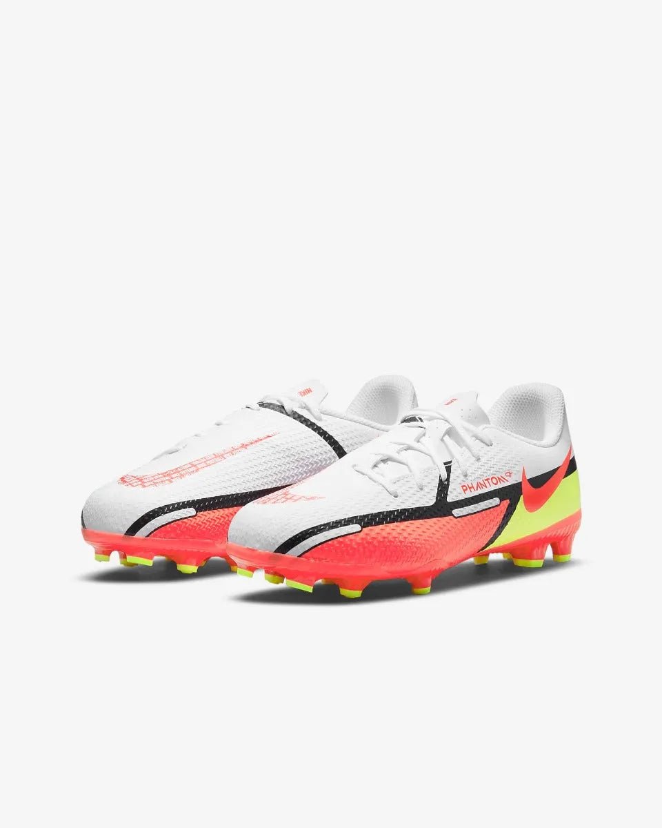 Nike JR Phantom GT2 Academy FG-MG - White-Volt-Crimson (Pair - Diagonal)