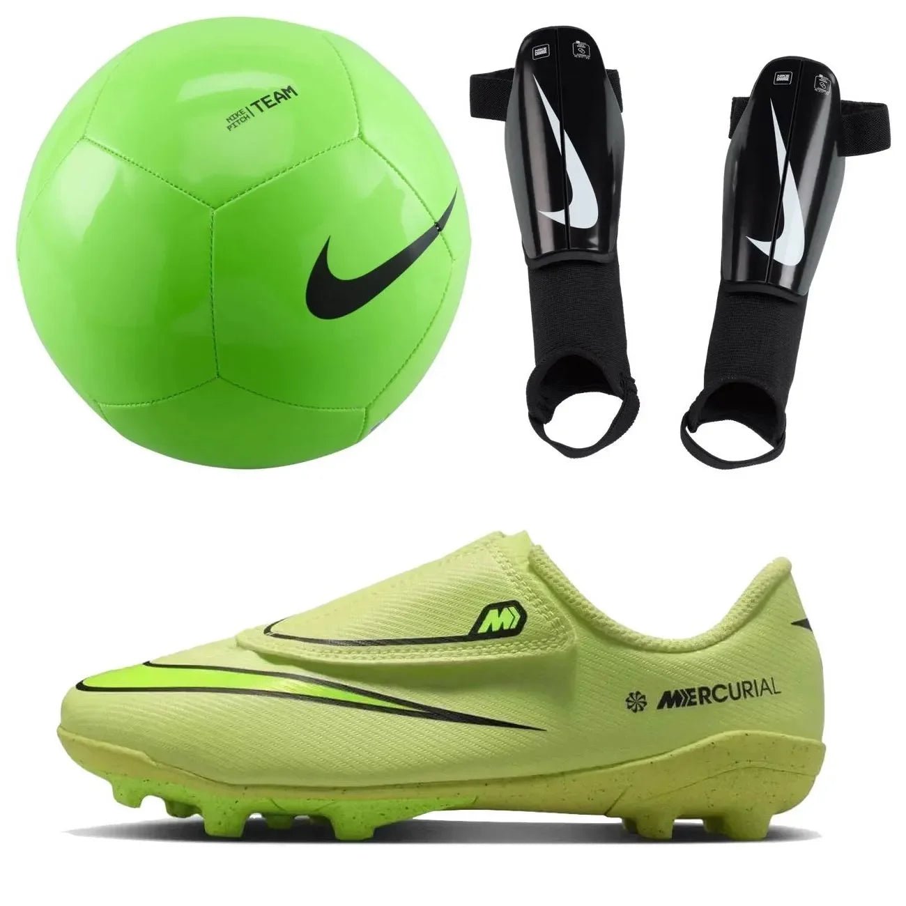 Nike Kids Vapor 16 Club PS (V) Multi-Ground Soccer Cleats/Shin Guards/Ball Bundle