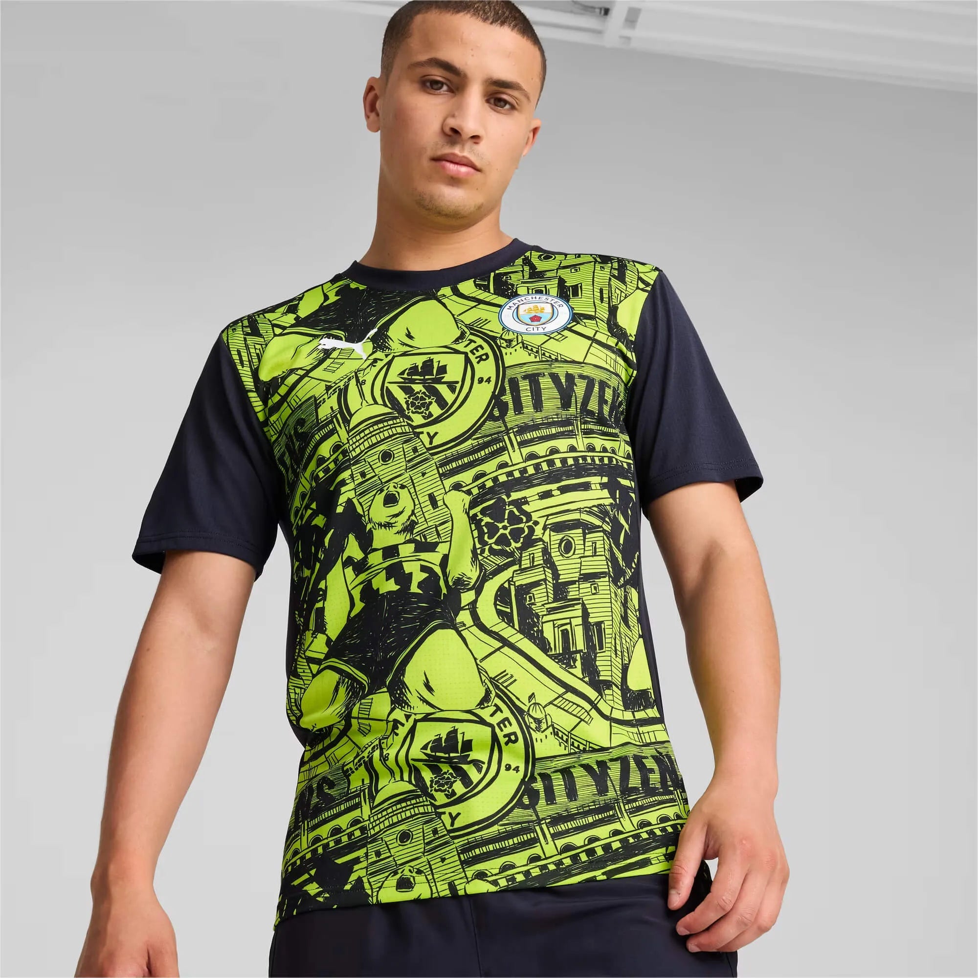 Puma 2024-25 Manchester City Men's Pre-Match Jersey Yellow Glow-Magic Blue (Model - Front)