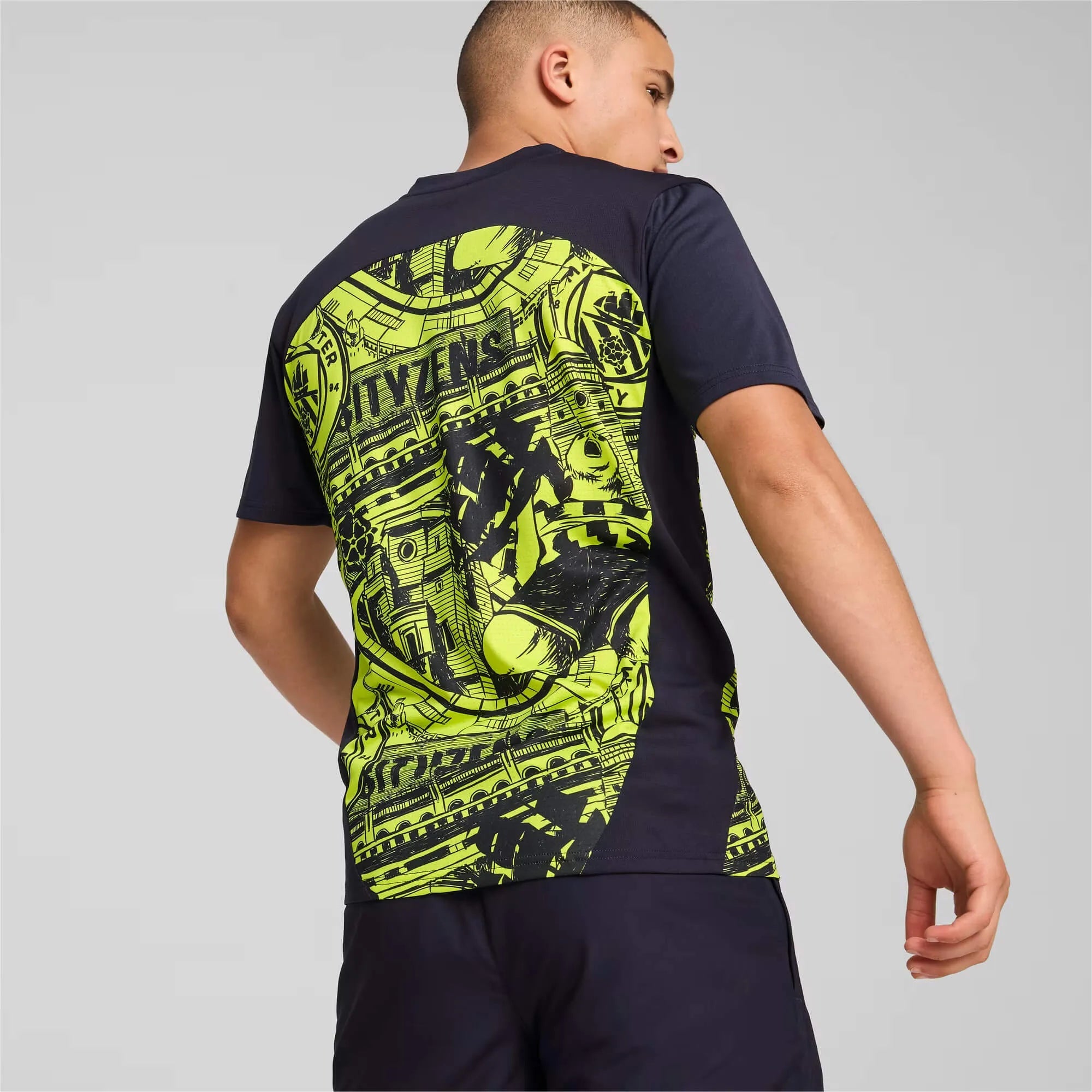 Puma 2024-25 Manchester City Men's Pre-Match Jersey Yellow Glow-Magic Blue (Model - Back)