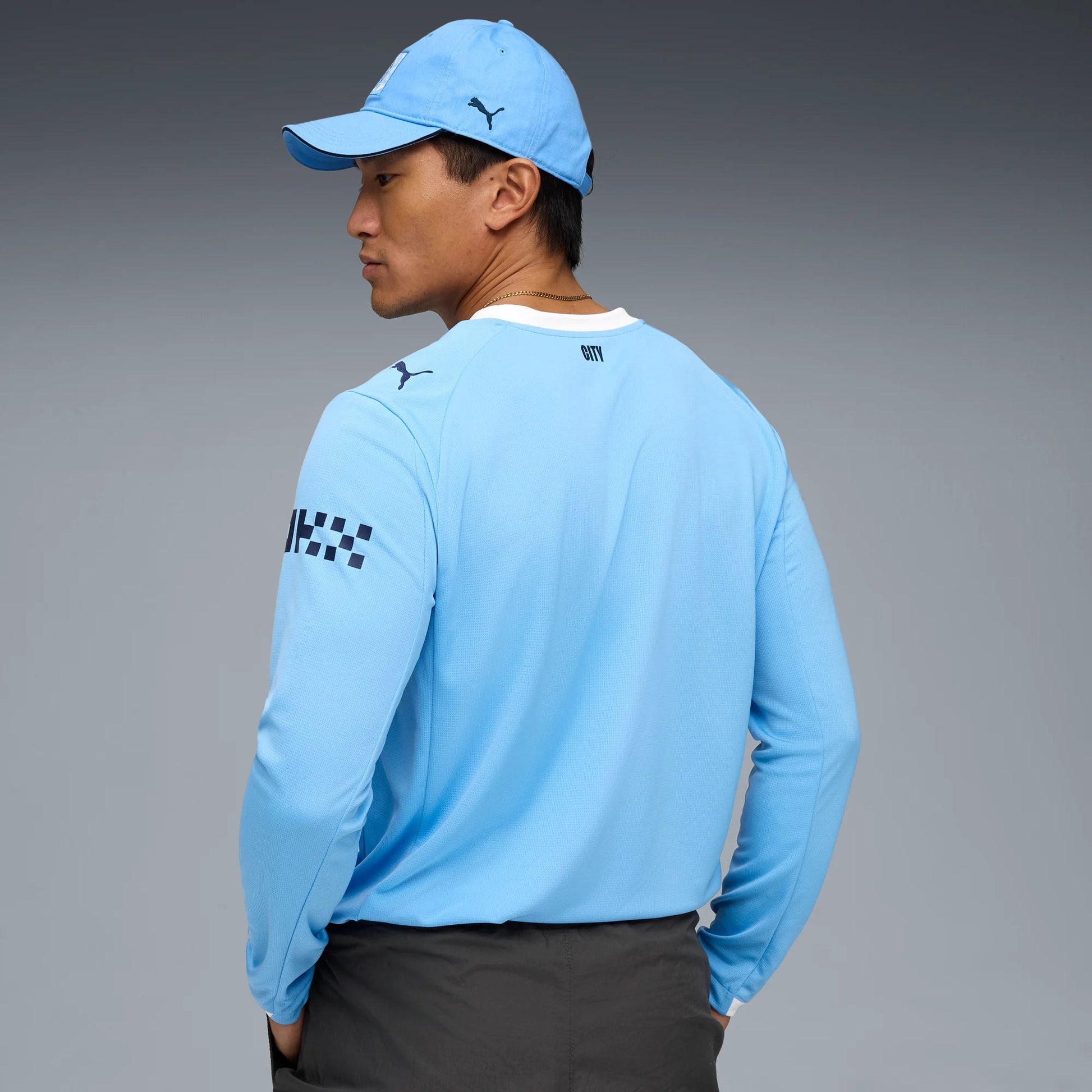 Puma 2025-26 Manchester City Men's Stadium Home Long-Sleeve Soccer Jersey (Model - Back)