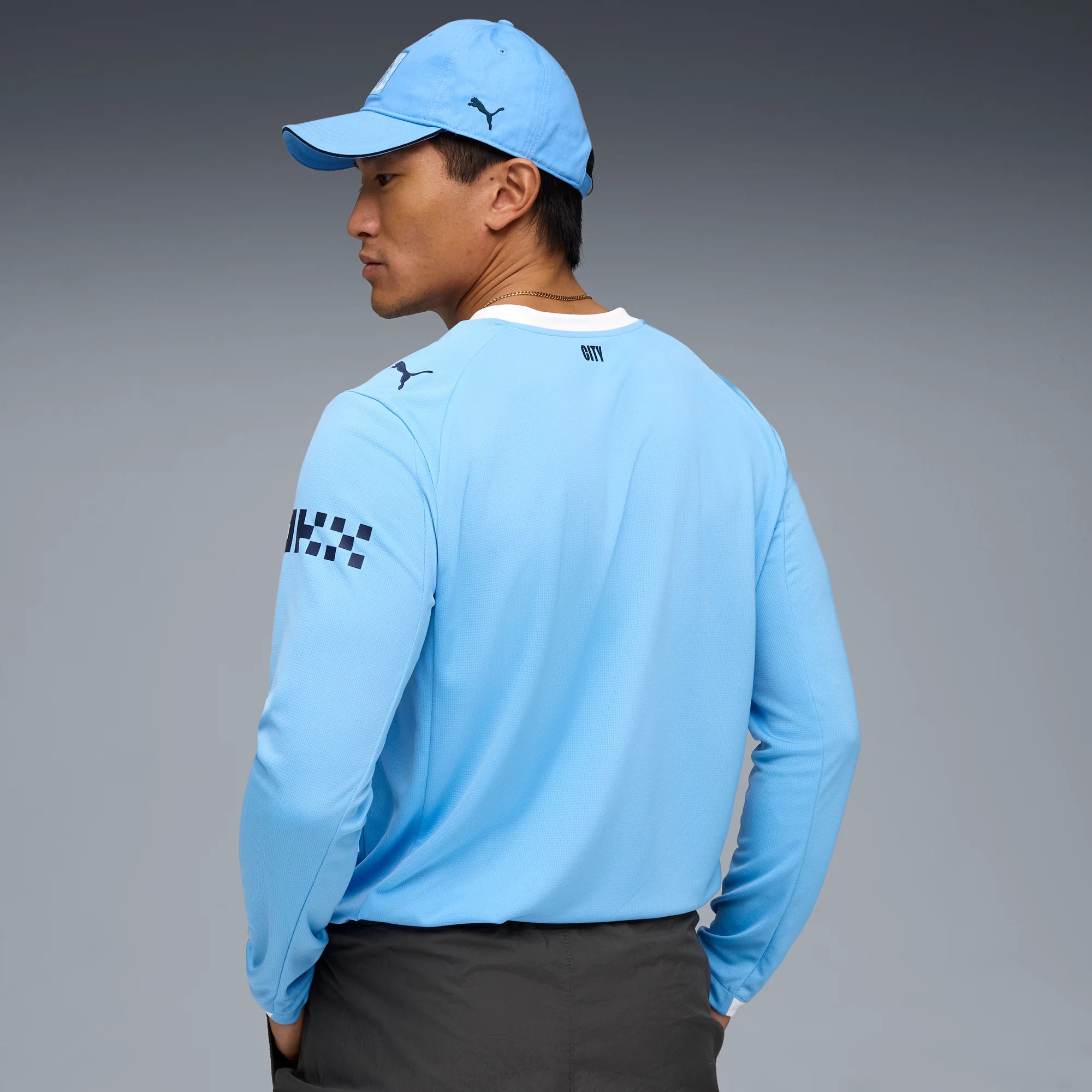 Puma 2025-26 Manchester City Men's Stadium Home Long-Sleeve Soccer Jersey (Model - Back)
