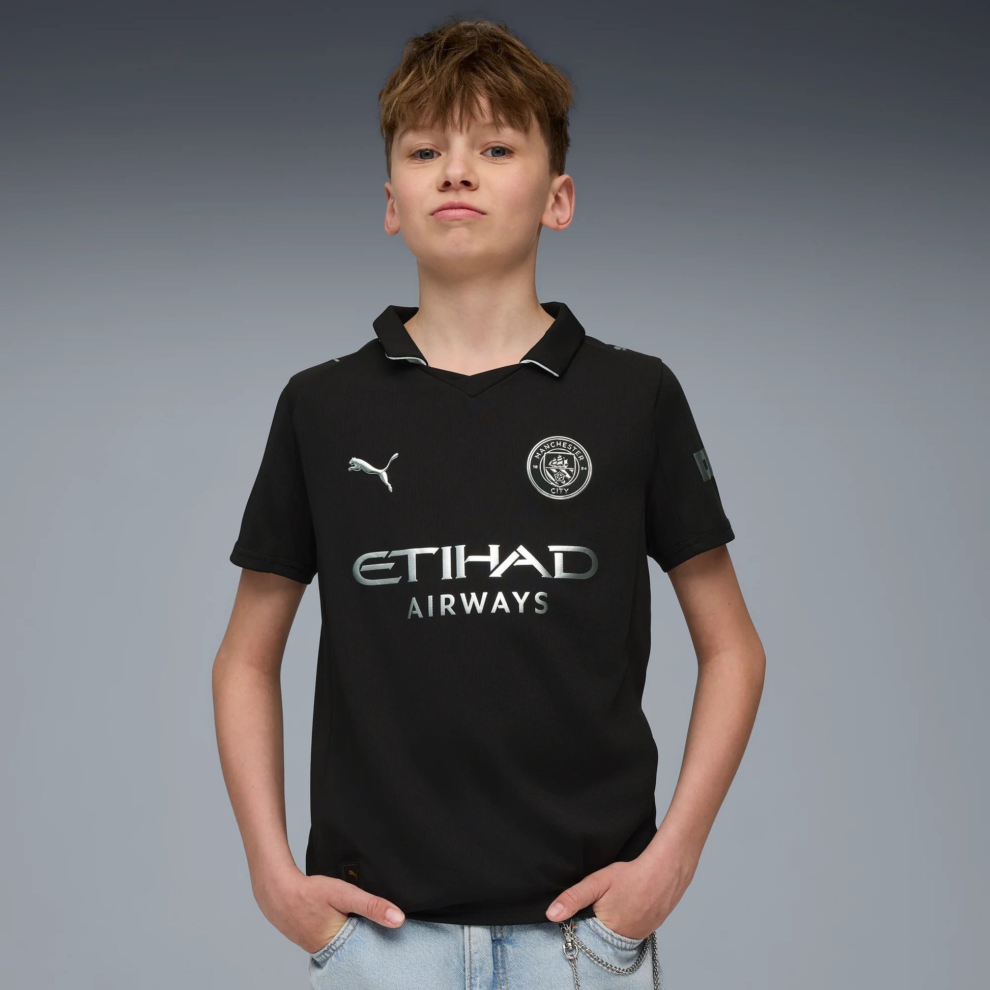 Puma 2025-26 Manchester City Youth Stadium Away Soccer Jersey (Model - Front)