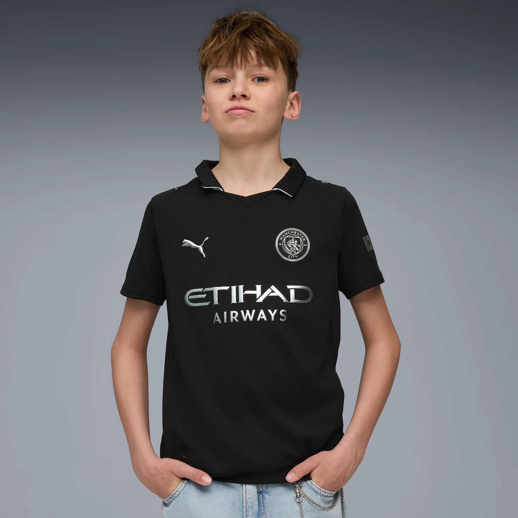 Puma 2025-26 Manchester City Youth Stadium Away Soccer Jersey (Model - Front)