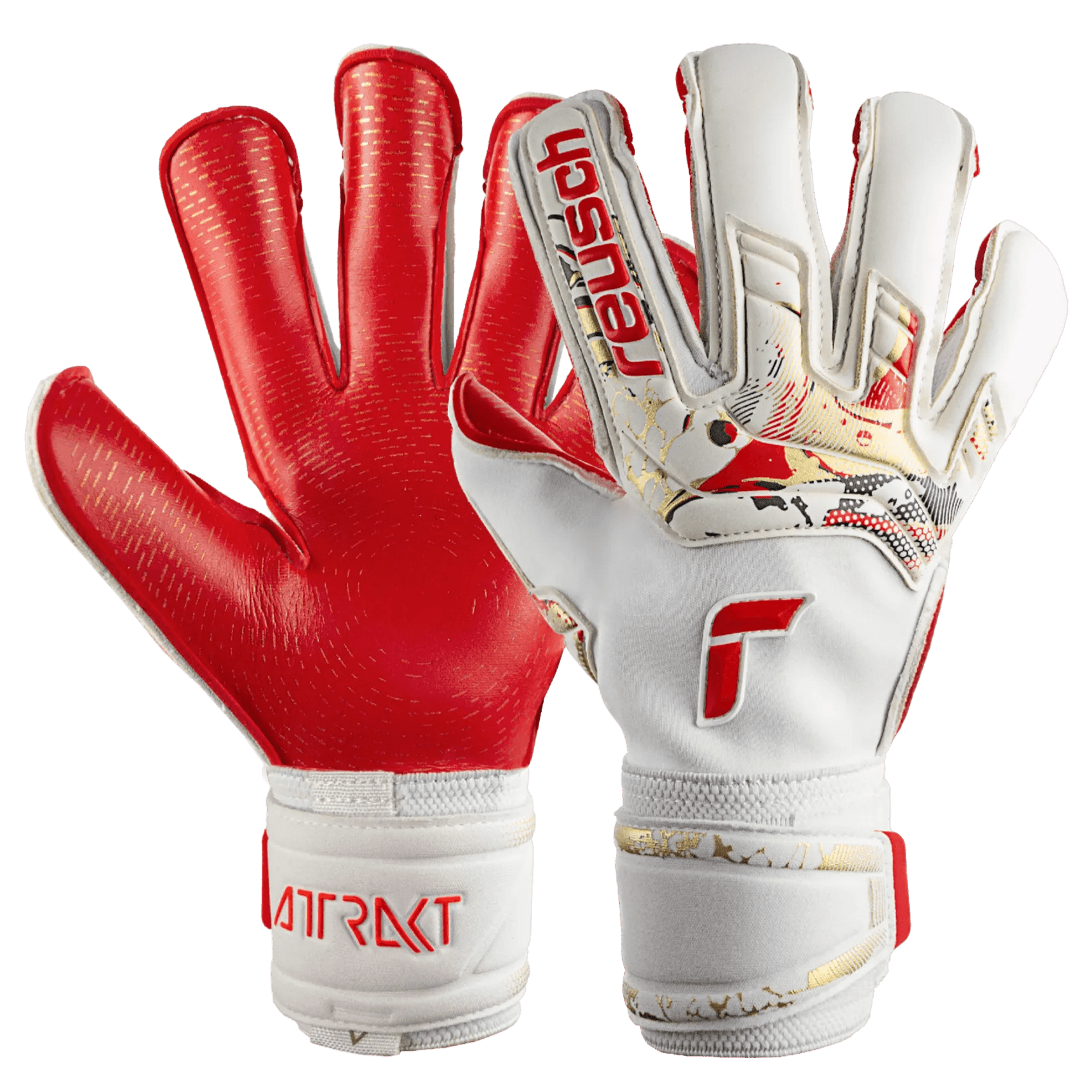Reusch Attrakt Gold X Glueprint Ortho-Tec FS Goalkeeper Gloves - White-Gold-Red (Pair)