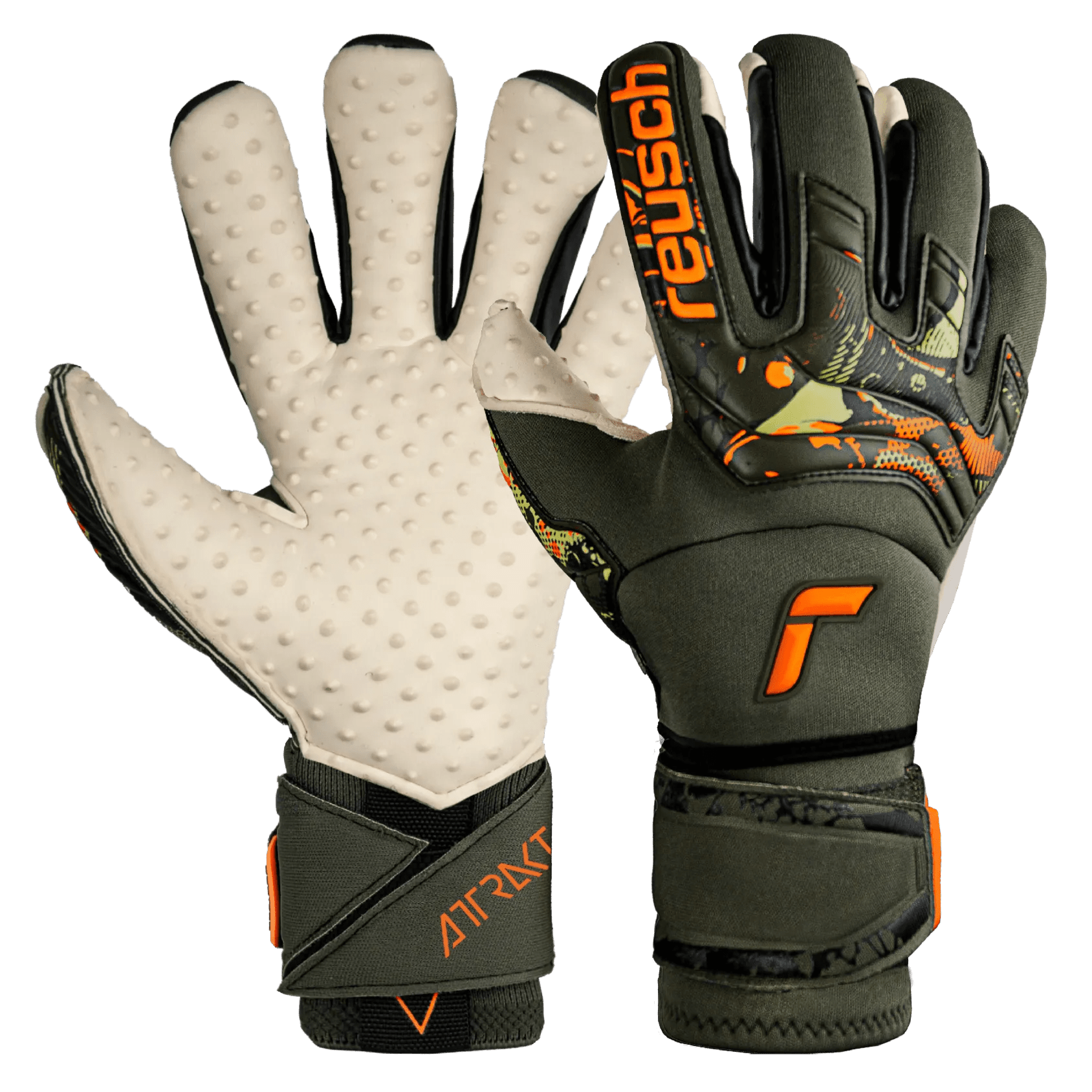 Reusch Attrakt Speedbump Ortho-Tec Goalkeeper Gloves - Desert Green-Shocking Orange (Pair)
