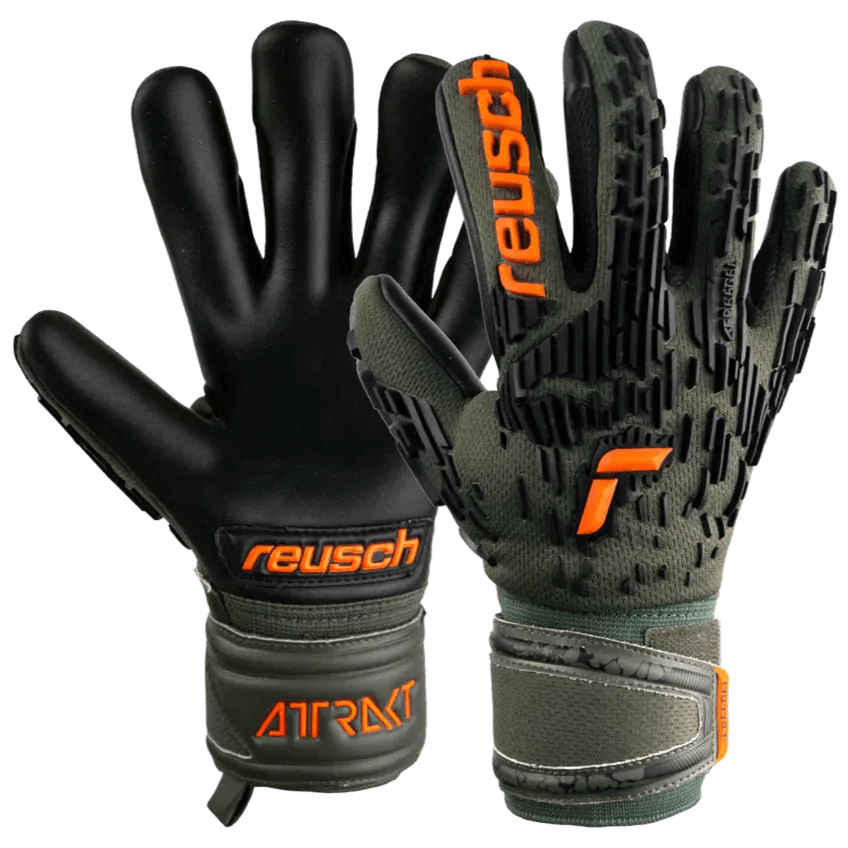 Reusch JR Attrakt Freegel Silver Finger Support Goalkeeper Gloves - Desert Green-Orange-Black (Pair)