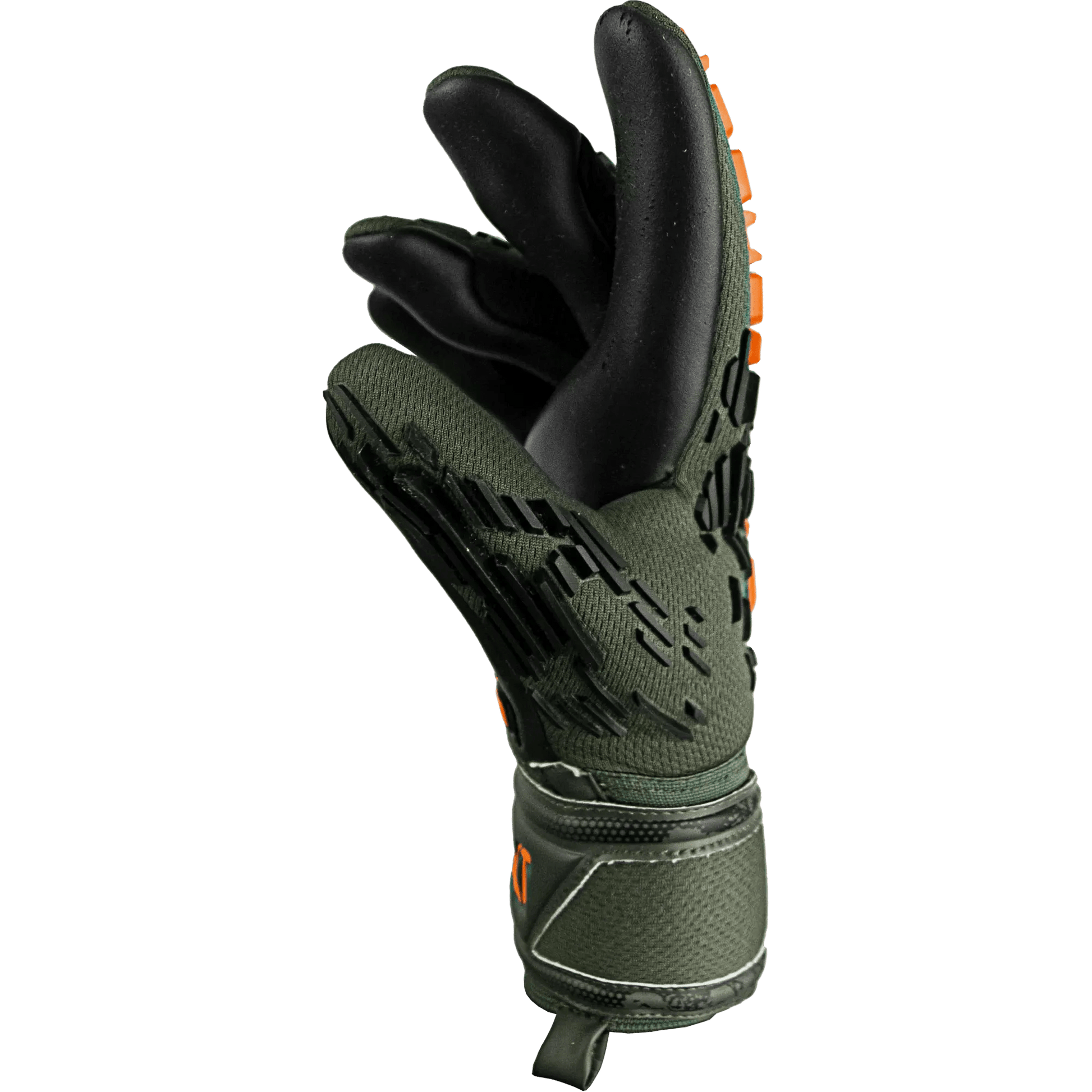 Reusch JR Attrakt Freegel Silver Finger Support Goalkeeper Gloves - Desert Green-Orange-Black (Single - Side)