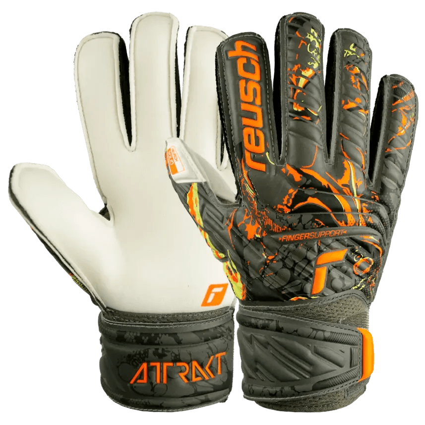 Reusch JR Attrakt Solid Finger Support Goalkeeper Gloves - Desert Green - Orange (Pair)