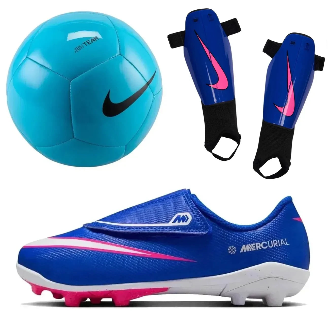 Nike Kids Vapor 16 Club PS Velcro Multi-Ground Blue Soccer Cleats/Shin Guards/Ball Bundle