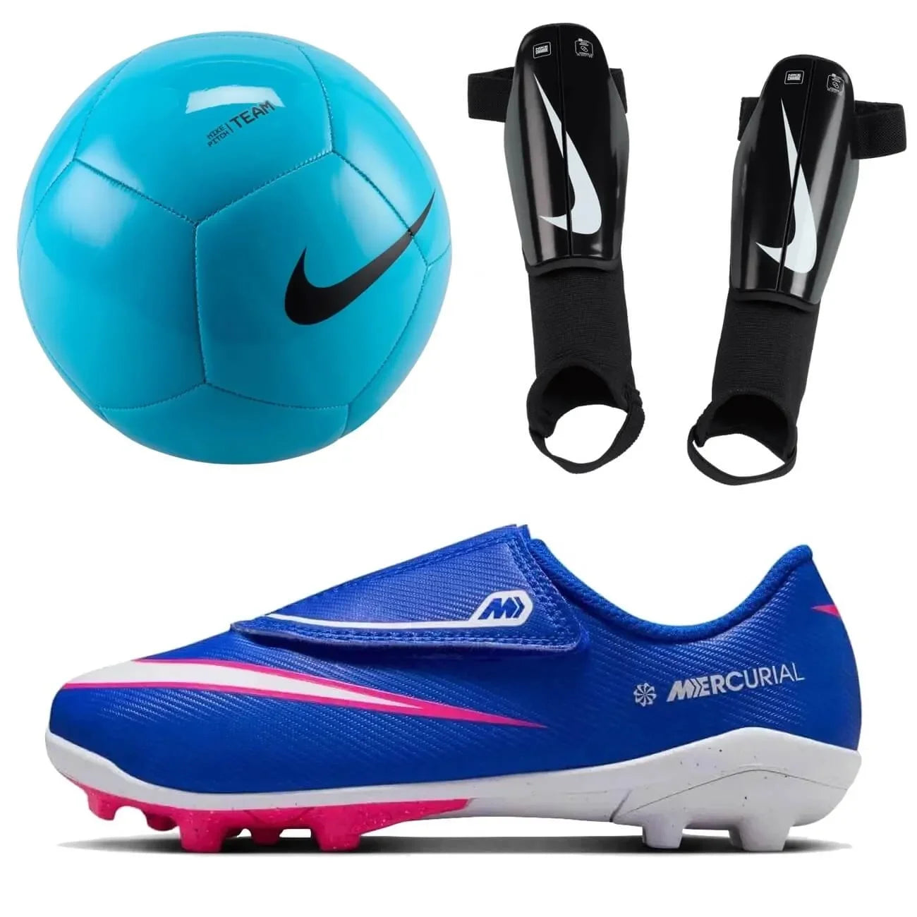 Nike Kids Vapor 16 Club PS Velcro Multi-Ground Blue Soccer Cleats/Shin Guards/Ball Bundle