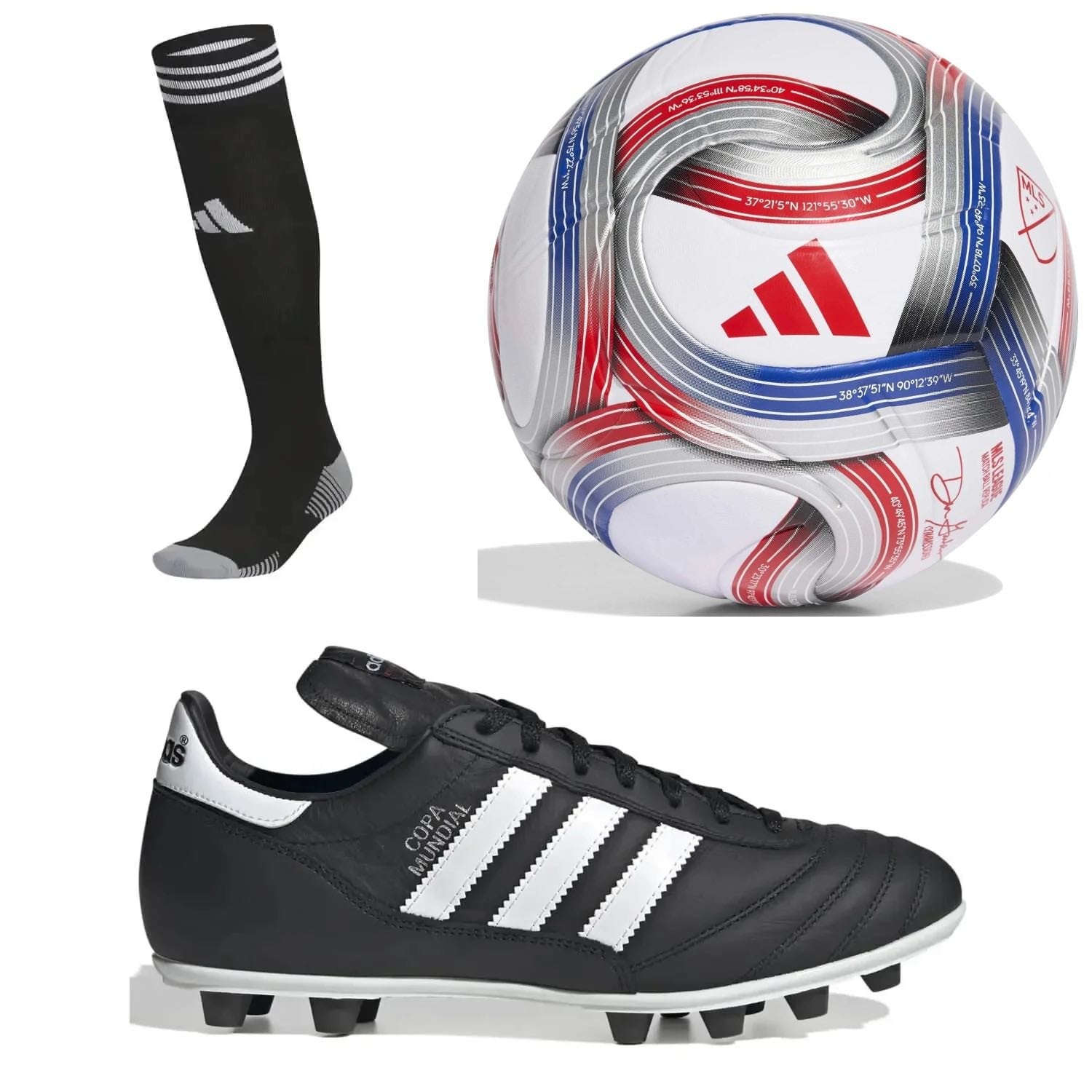 adidas Men's Copa Mundial Firm Ground Black Cleats/Socks/Ball Bundle