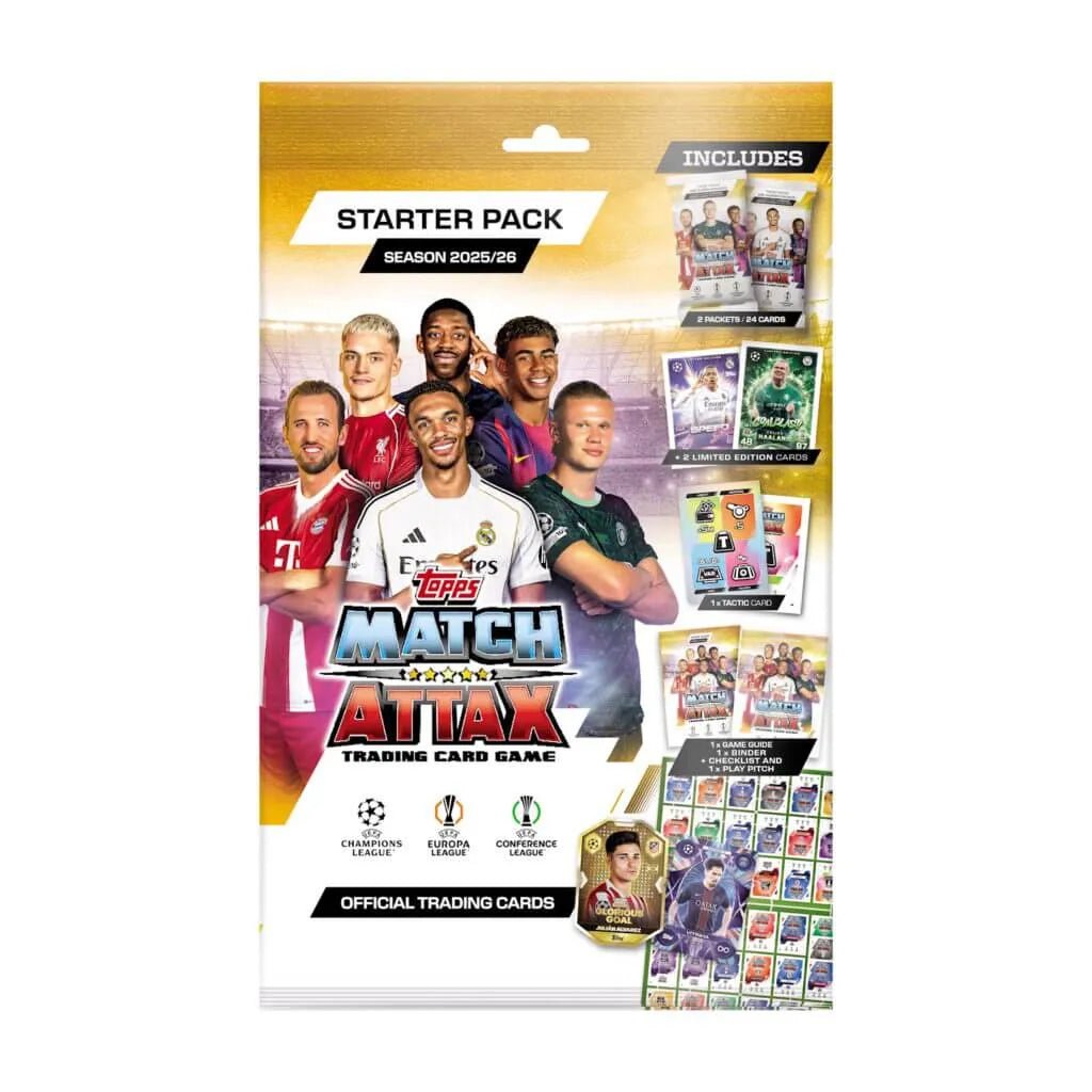 Topps 2025-26 Match Attax UEFA Champions League Cards Starter Pack (Album, 27 Cards + 2 LE) (Front)