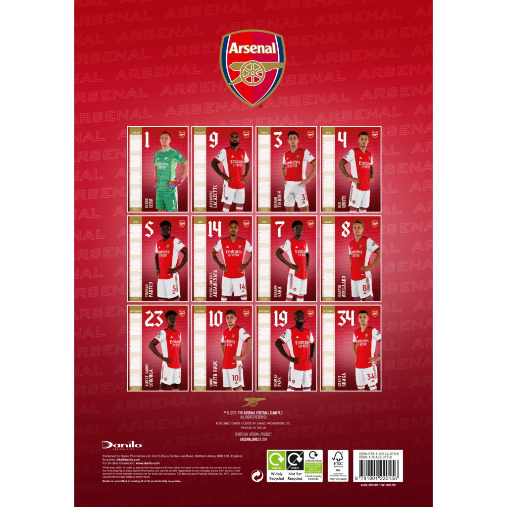 Arsenal 2022 Official Calendar (Back)