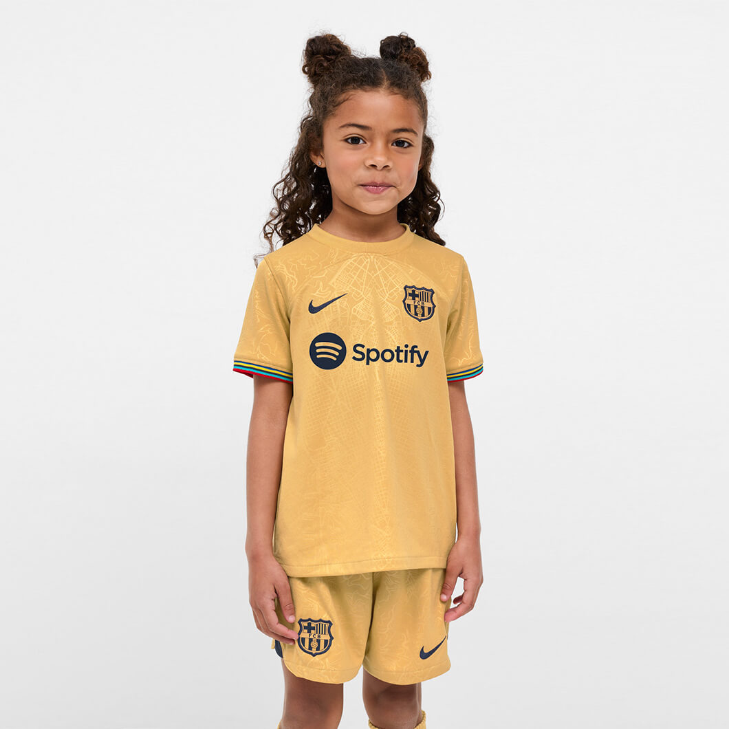 Nike 2022-23 Barcelona Away Little Kids Kit Gold-Navy (Model - Front)