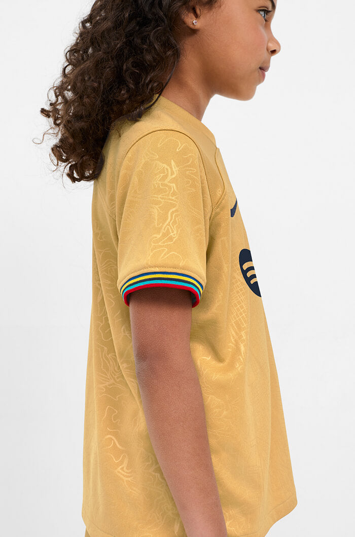 Nike 2022-23 Barcelona Away Little Kids Kit Gold-Navy (Model - Side 2)