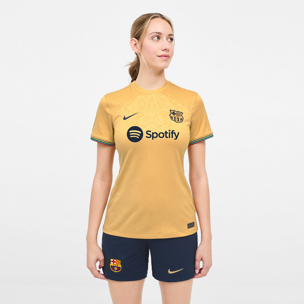 Nike 2022-23 FC Barcelona Women's Away Jersey - Club Gold-Obsidian (Model - Front)