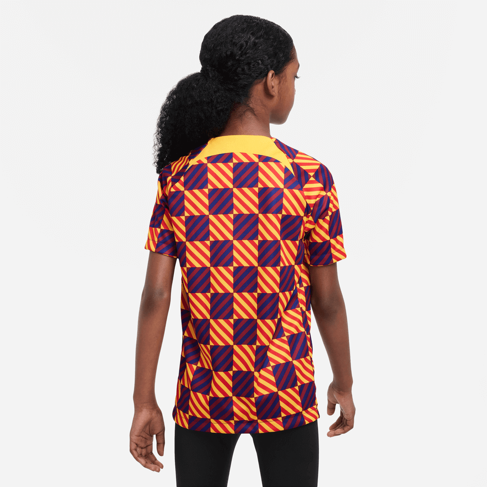 Nike 2022-23 FC Barcelona Youth Pre-Match Shirt - Yellow - Red (Model - Back)