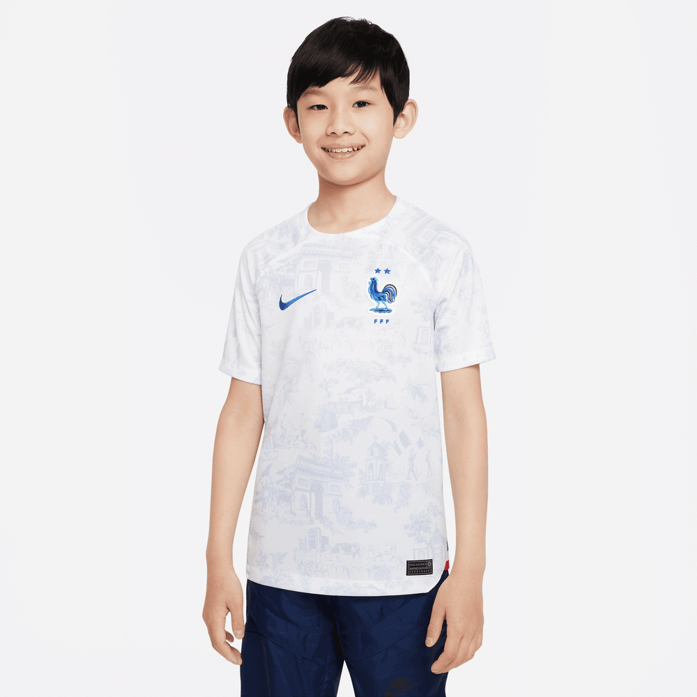 Nike 2022-23 France Away Youth Jersey White-Royal (Model - Front)