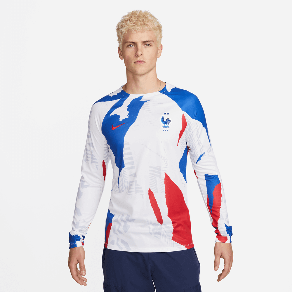 Nike 2022-23 France Long-Sleeve Pre-Match Jersey - White-Royal-Red (Model - Front)