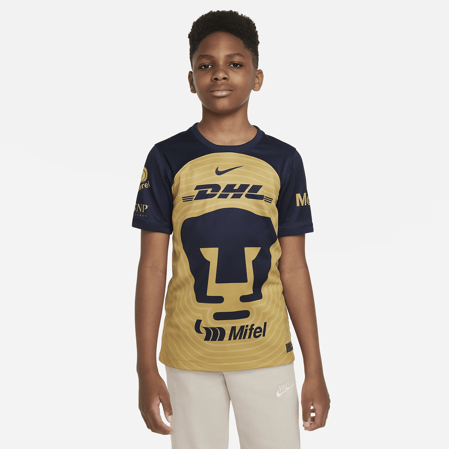 Nike 2022-23 Pumas Youth Away Jersey - Gold-Obsidian (Model - Front)