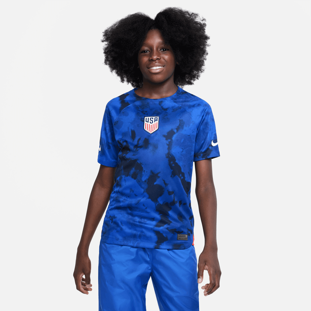 Nike 2022-23 USA Away Youth Jersey Bright Blue-Navy (Model - Front)