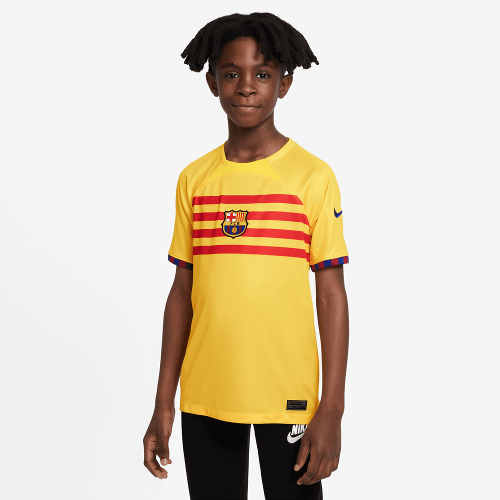Nike 2023-24 FC Barcelona Youth Fourth Jersey - Yellow-Red (Model - Front)